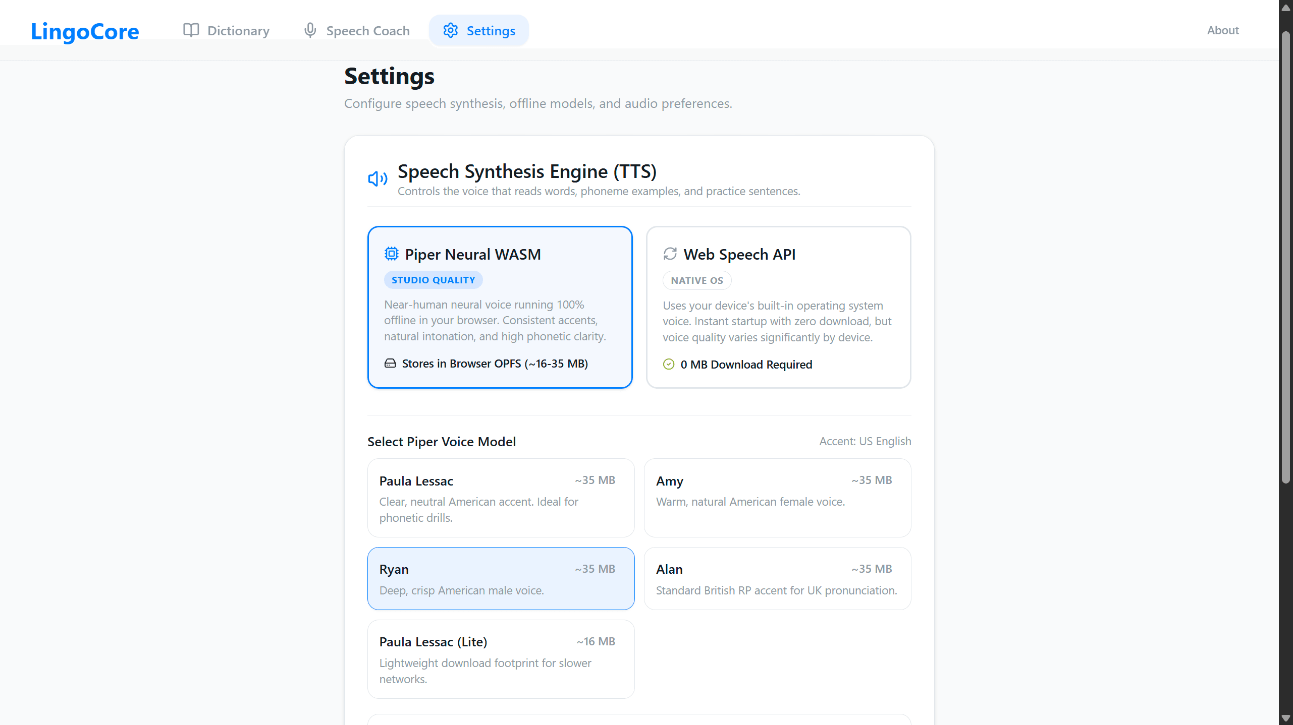 LingoCore settings and Piper model management
